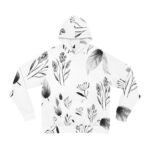 leafy black and white flower fashion hoodie, nature print sweatshirt, botanical pattern hoodie, trendy floral pullover, stylish monochrome