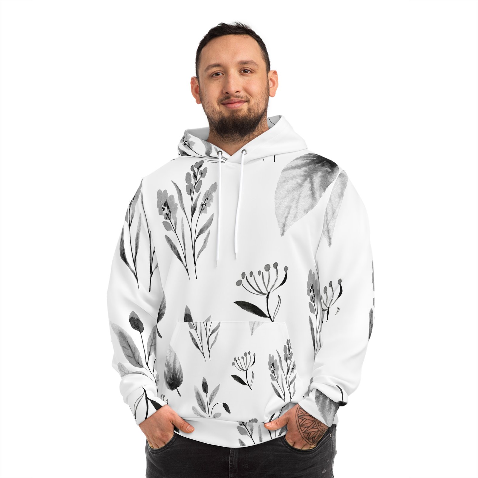 leafy black and white flower fashion hoodie, nature print sweatshirt, botanical pattern hoodie, trendy floral pullover, stylish monochrome leafy black and white flower fashion hoodie, nature print sweatshirt, botanical pattern hoodie, trendy floral pullover, stylish monochrome
