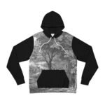 vintage tree landscape illustration black fashion hoodie, gray print retry, nature lover gift, stylish pullover sweatshirt, retro woodland