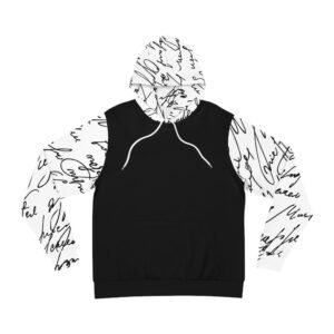 scripted writeup fashion hoodie, black and white hoodie, stylish scripted hooded sweatshirt, trendy script design jacket, urban scripted